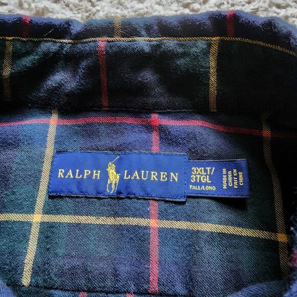 Ralph Lauren Shirt Mens 3XLT Tall Blue Yellow Red Tartan Plaid Long Sleeve - Picture 5 of 10